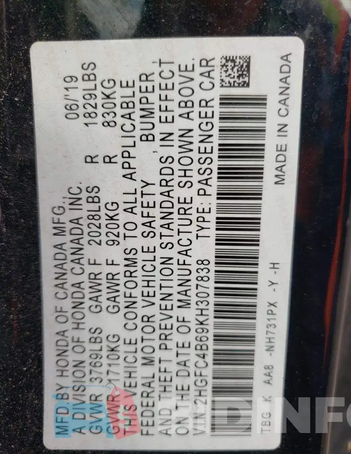 2HGFC4B69KH307838 Photo# 12