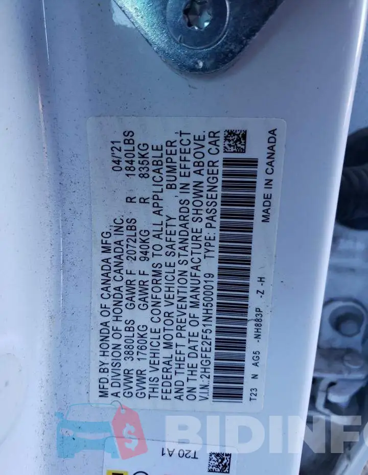 2HGFE2F51NH500019 Photo# 12