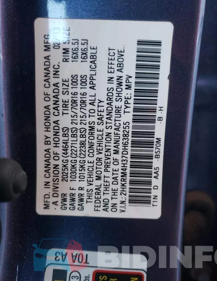 2HKRM4H37DH638255 Photo# 14