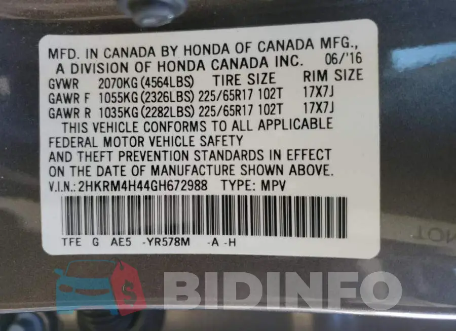 2HKRM4H44GH672988 Photo# 10