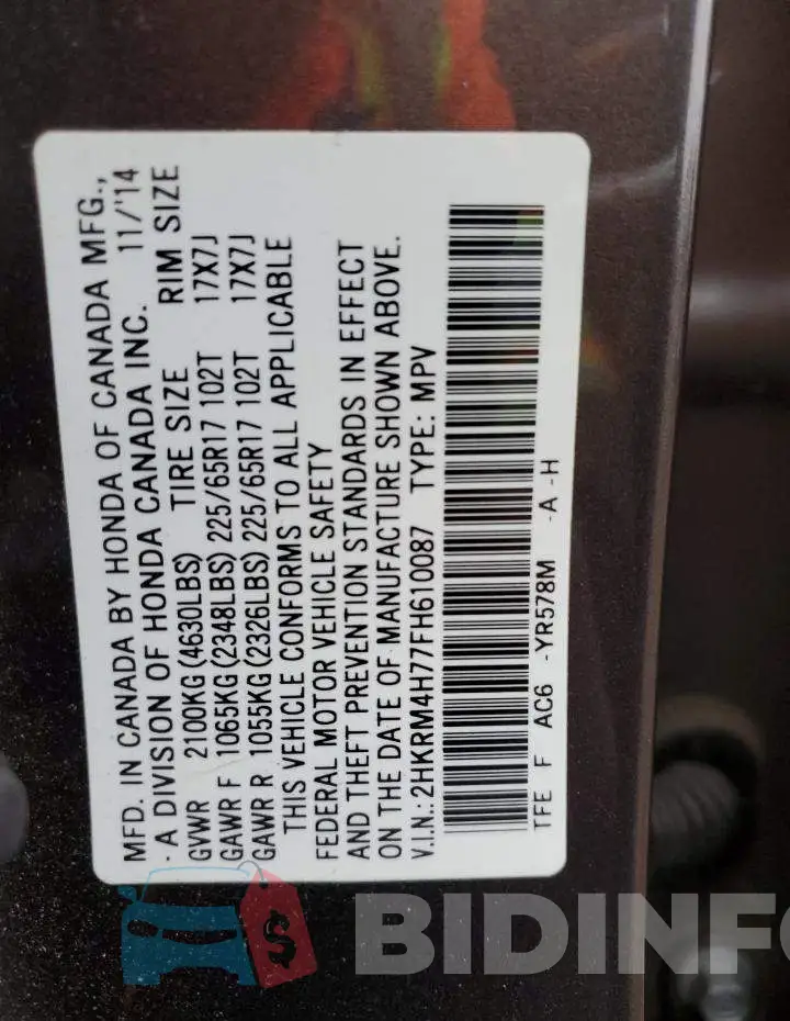2HKRM4H77FH610087 Photo# 14