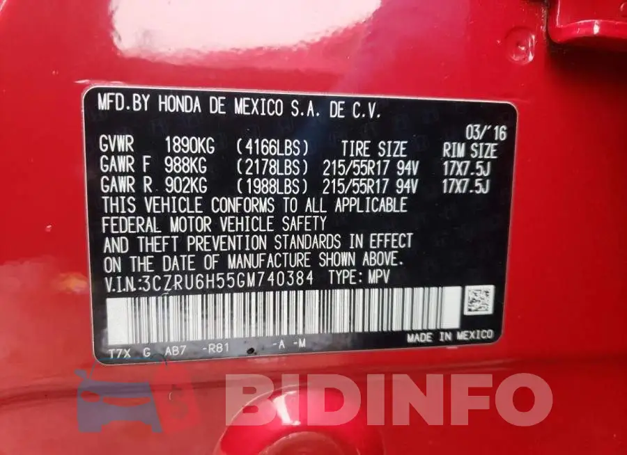3CZRU6H55GM740384 Photo# 10