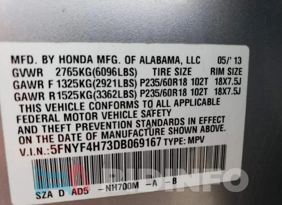 5FNYF4H73DB069167 Photo# 13