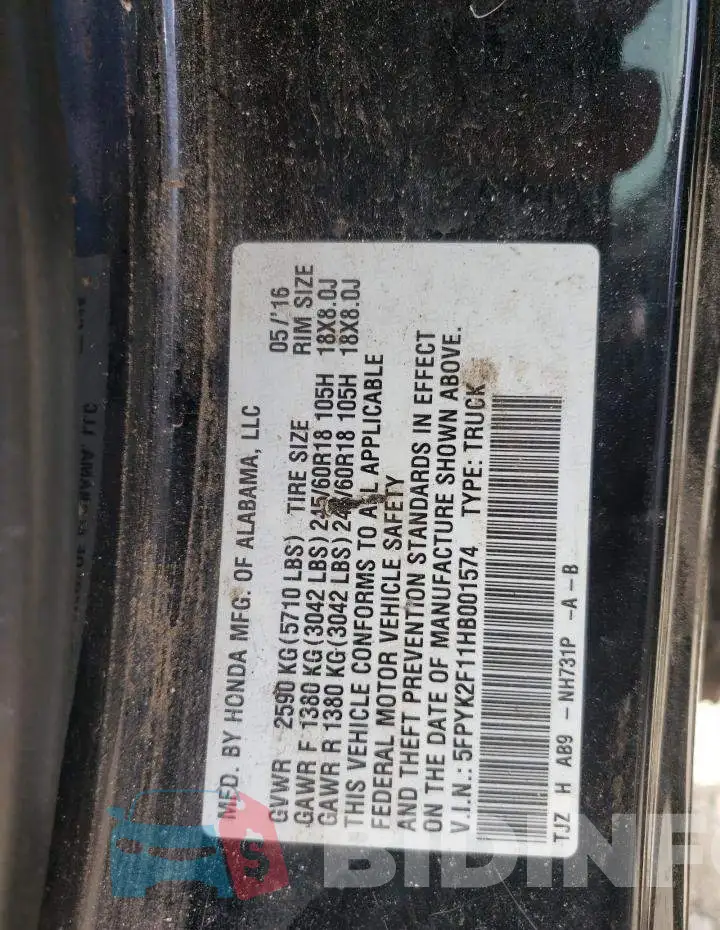 5FPYK2F11HB001574 Photo# 10