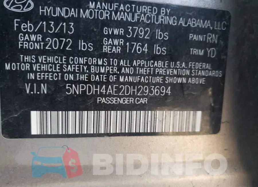 5NPDH4AE2DH293694 Photo# 10