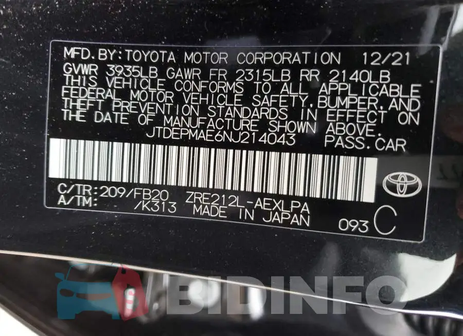 JTDEPMAE6NJ214043 Photo# 10