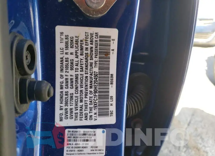 19XFC1F90HE204507 Photo# 10