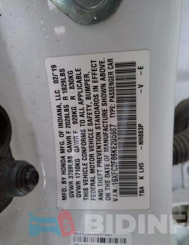 19XFC2F86KE205987 Photo# 10
