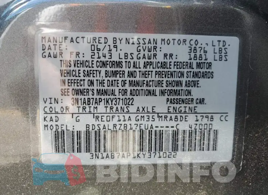 3N1AB7AP1KY371022 Photo# 10