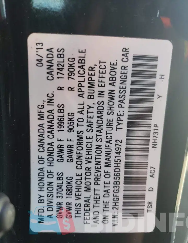 2HGFG3B56DH514972 Photo# 13