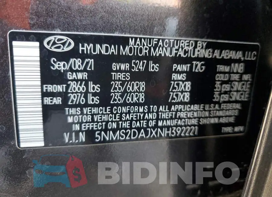 5NMS2DAJXNH392221 Photo# 10