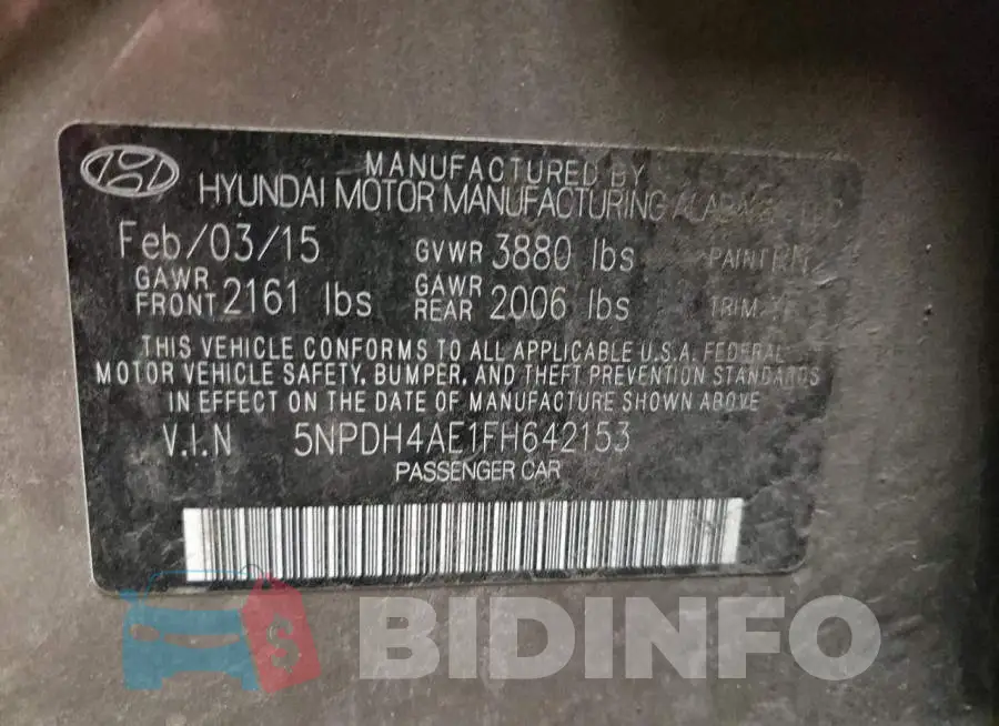 5NPDH4AE1FH642153 Photo# 12