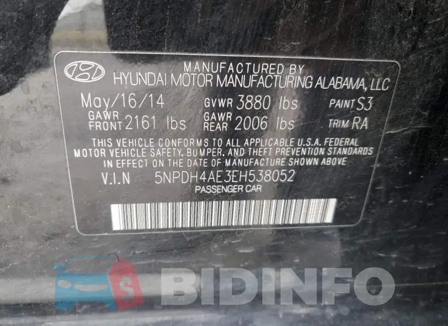 5NPDH4AE3EH538052 Photo# 12