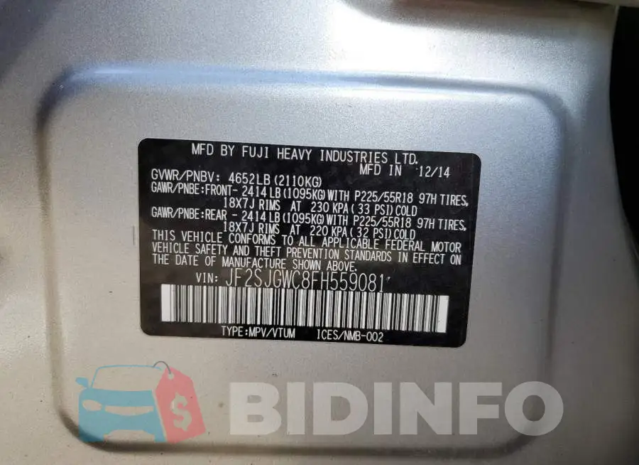 JF2SJGWC8FH559081 Photo# 14