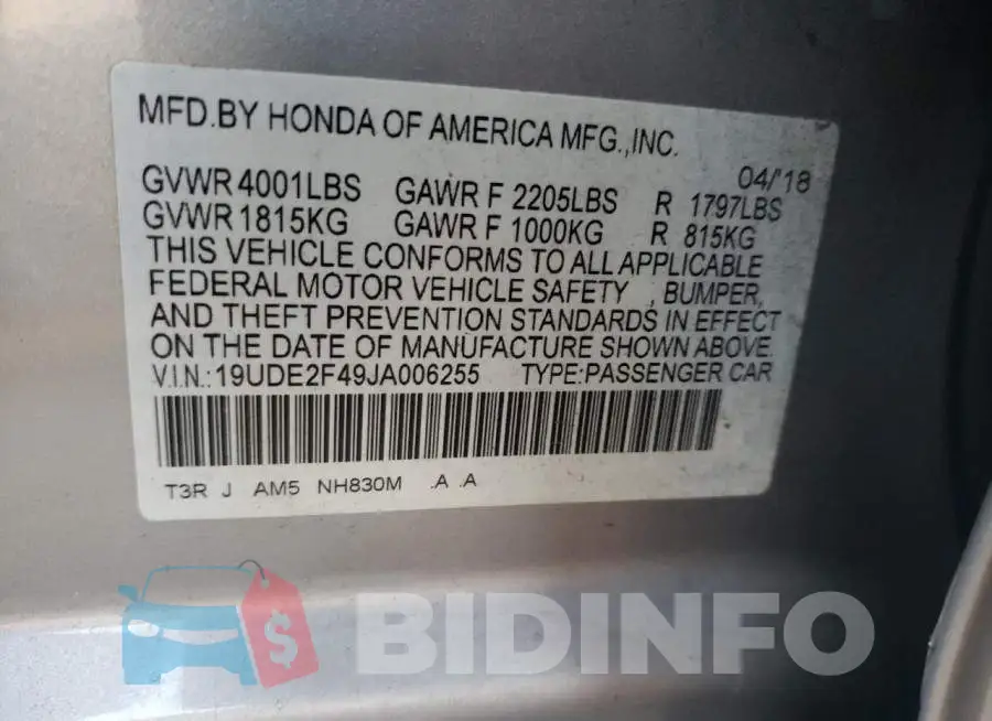 19UDE2F49JA006255 Photo# 12