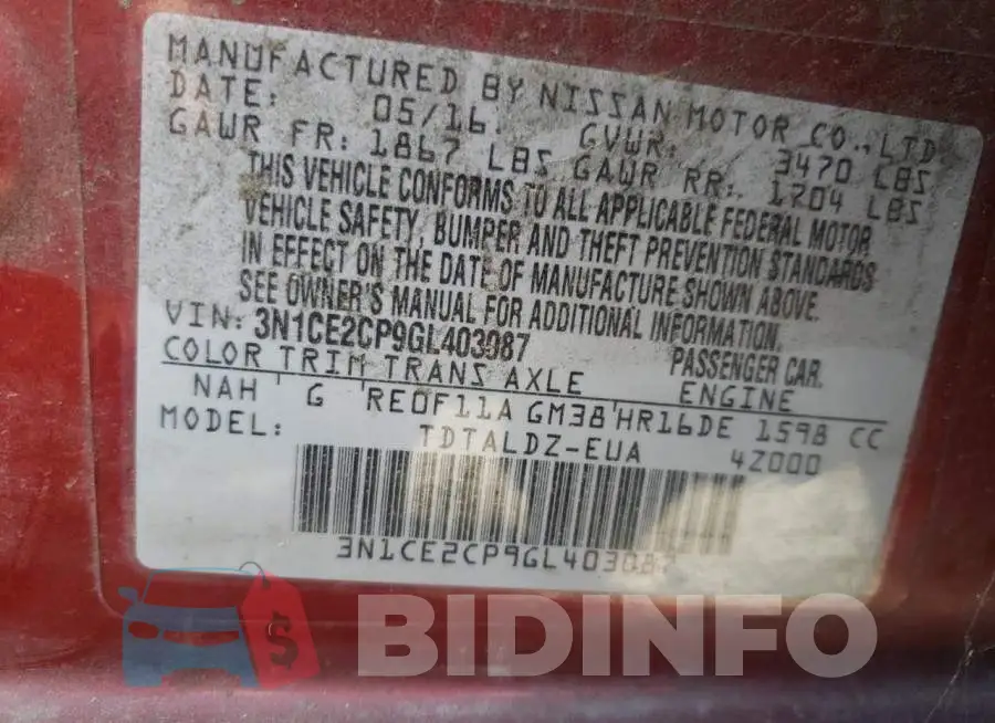 3N1CE2CP9GL403087 Photo# 10