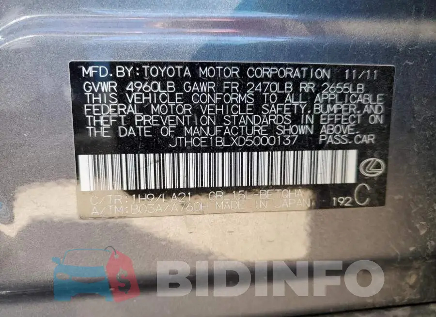 JTHCE1BLXD5000137 Photo# 10