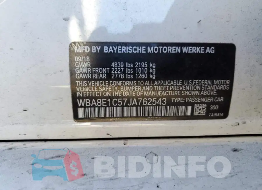 WBA8E1C57JA762543 Photo# 10