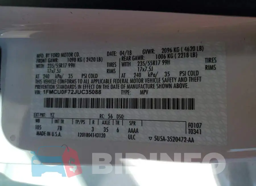 1FMCU0F72JUC35088 Photo# 10