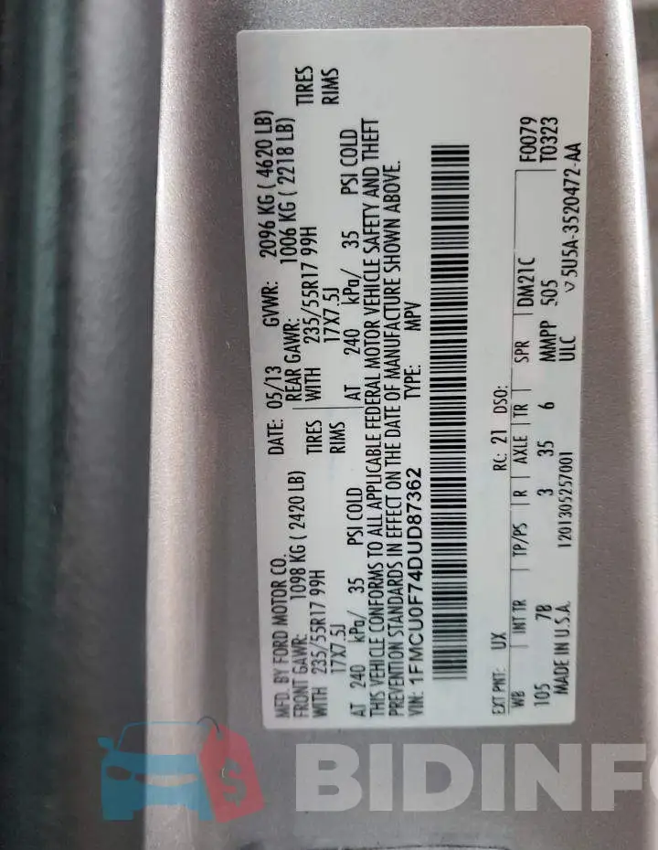1FMCU0F74DUD87362 Photo# 13
