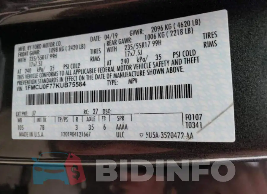 1FMCU0F77KUB75584 Photo# 10