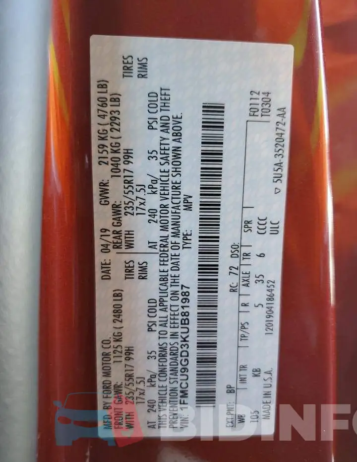 1FMCU9GD3KUB81987 Photo# 10