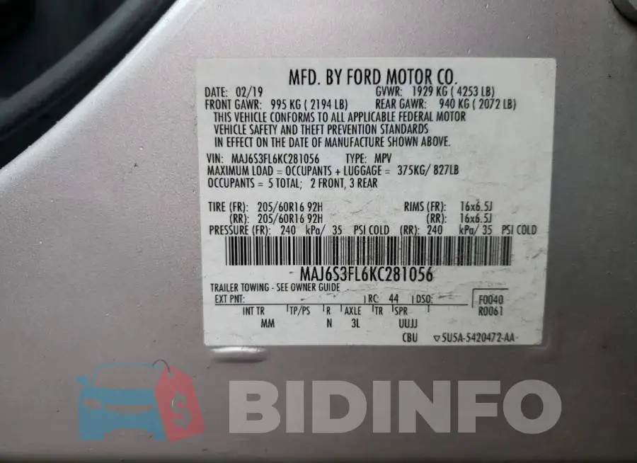 MAJ6S3FL6KC281056 Photo# 10