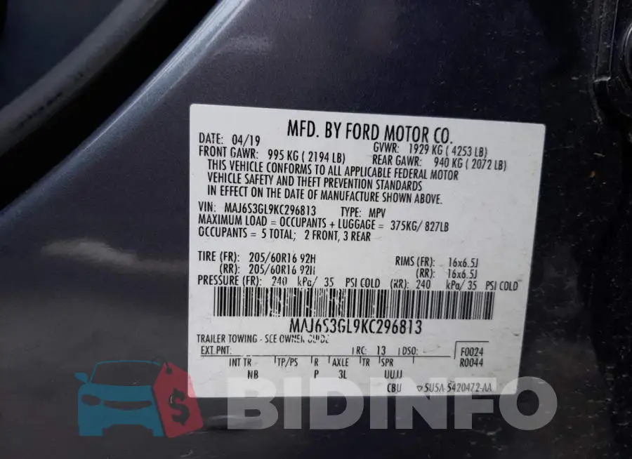 MAJ6S3GL9KC296813 Photo# 13
