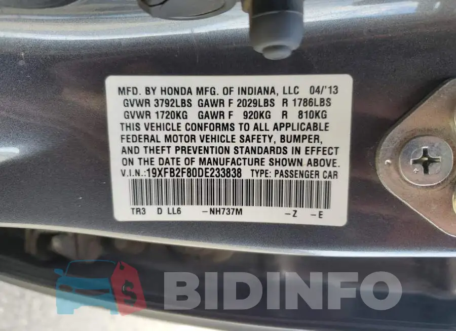 19XFB2F80DE233838 Photo# 10