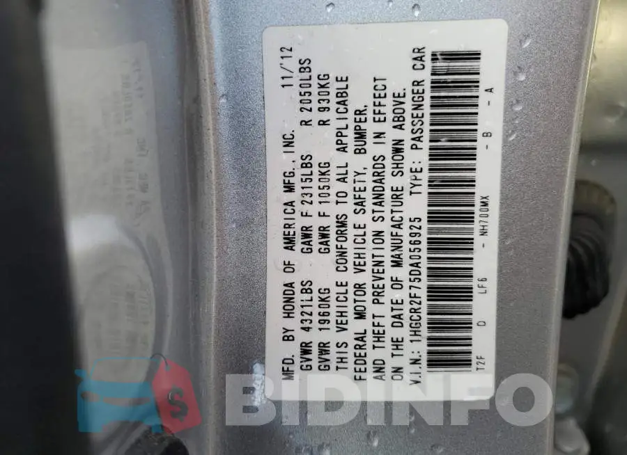 1HGCR2F75DA056925 Photo# 12