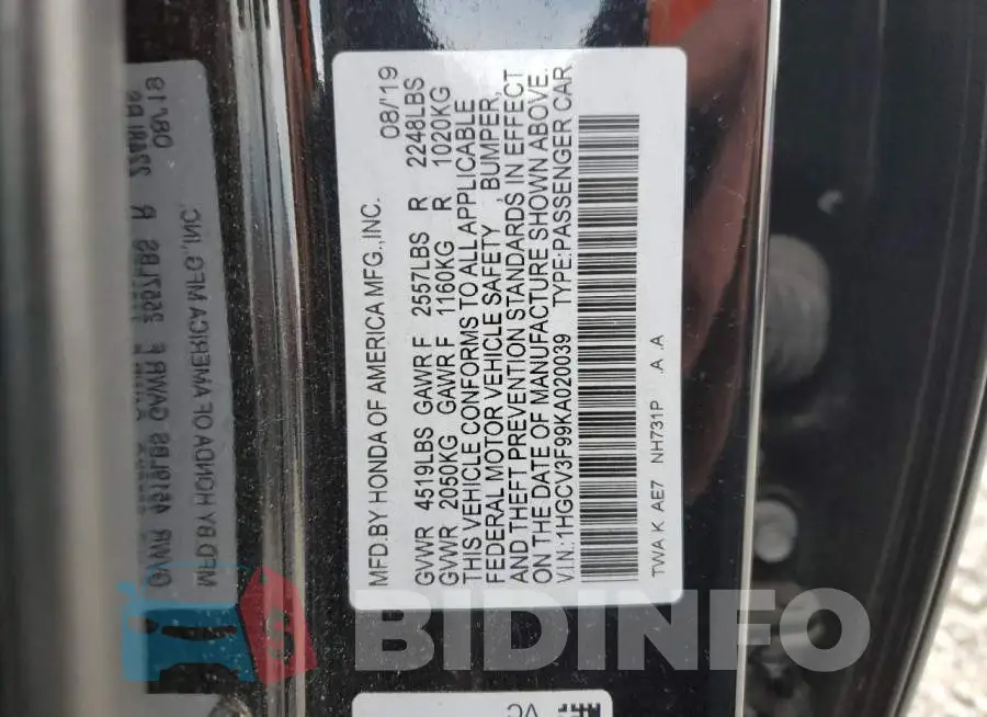 1HGCV3F99KA020039 Photo# 12