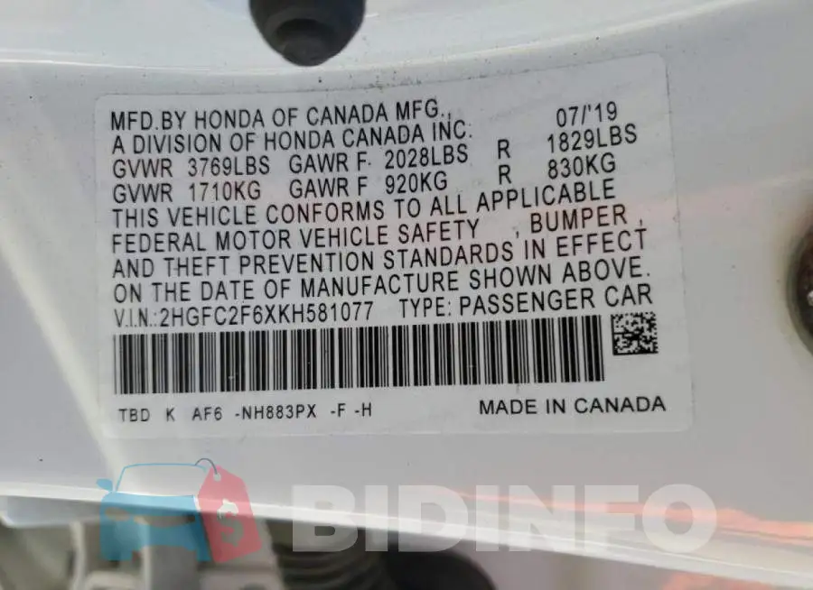 2HGFC2F6XKH581077 Photo# 12