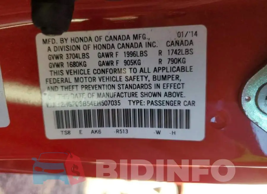2HGFG3B54EH507035 Photo# 13