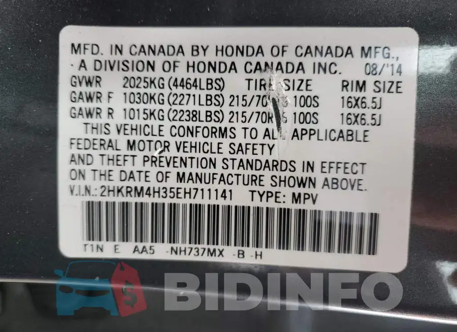 2HKRM4H35EH711141 Photo# 14