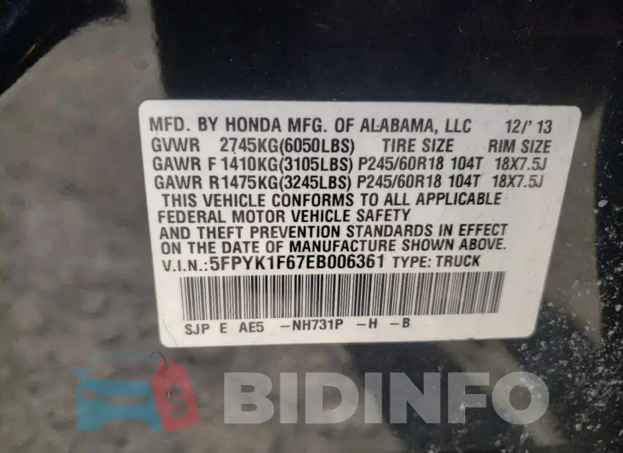 5FPYK1F67EB006361 Photo# 12