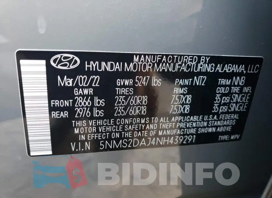 5NMS2DAJ4NH439291 Photo# 10