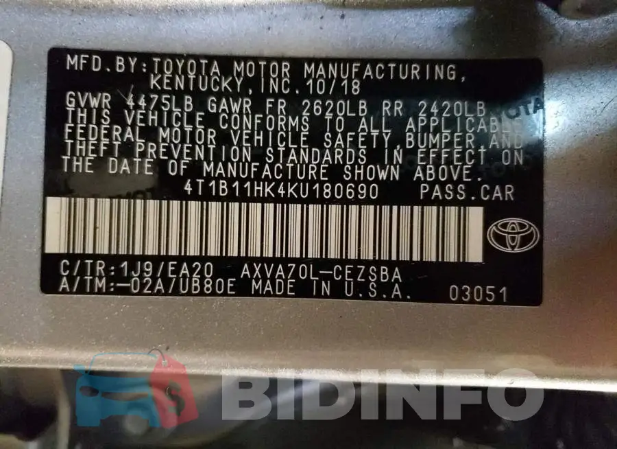 4T1B11HK4KU180690 Photo# 12
