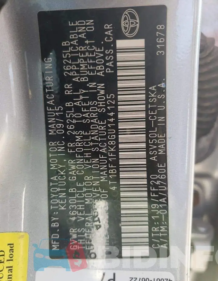 4T1BF1FK8GU144125 Photo# 12