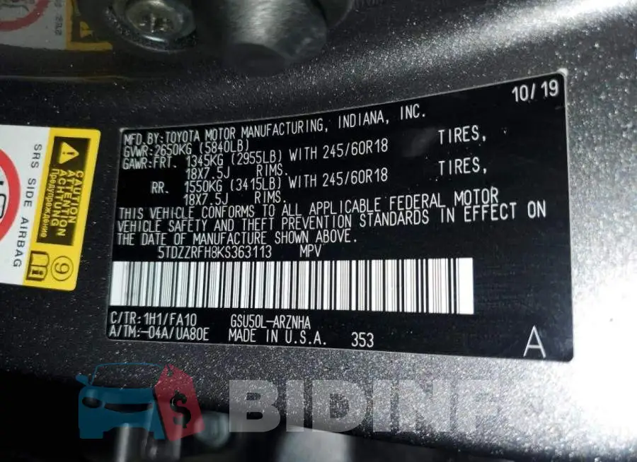 5TDZZRFH8KS363113 Photo# 10