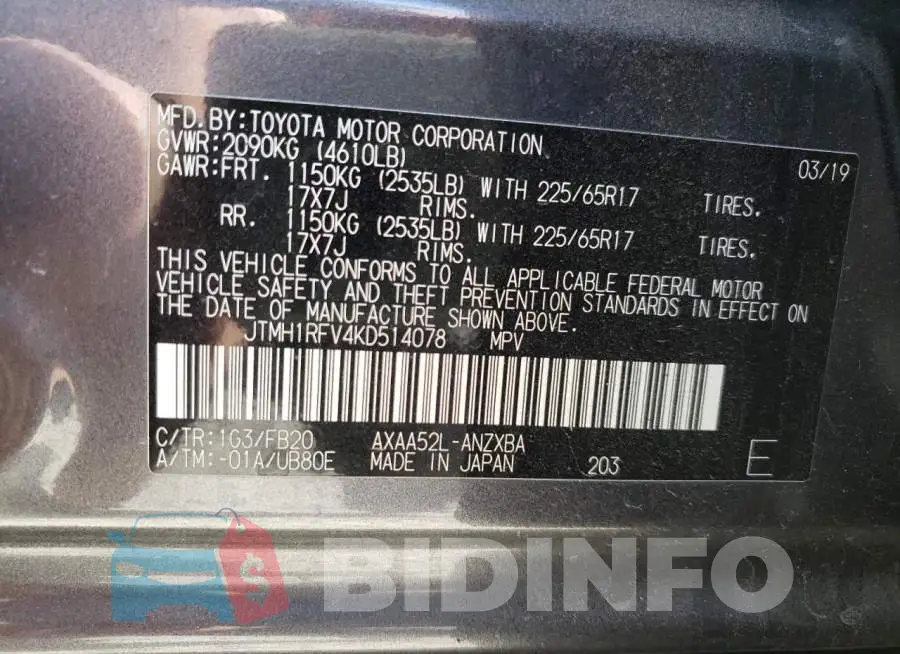 JTMH1RFV4KD514078 Photo# 10