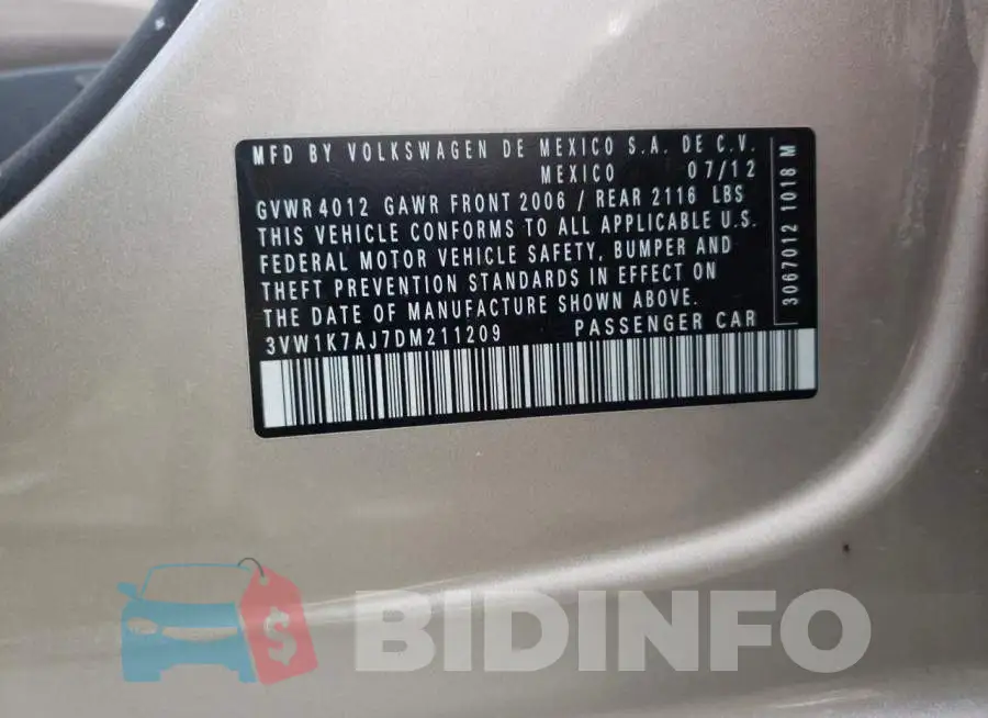 3VW1K7AJ7DM211209 Photo# 10