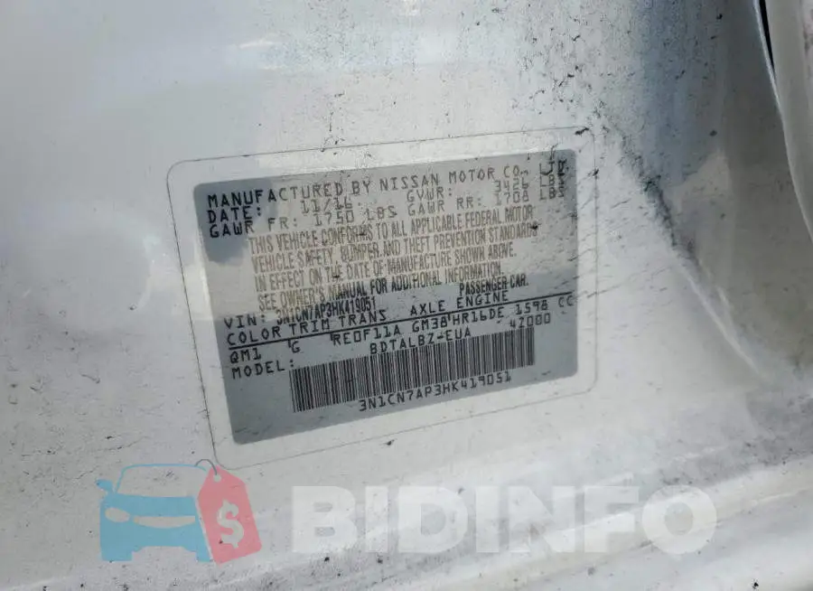 3N1CN7AP3HK419051 Photo# 10