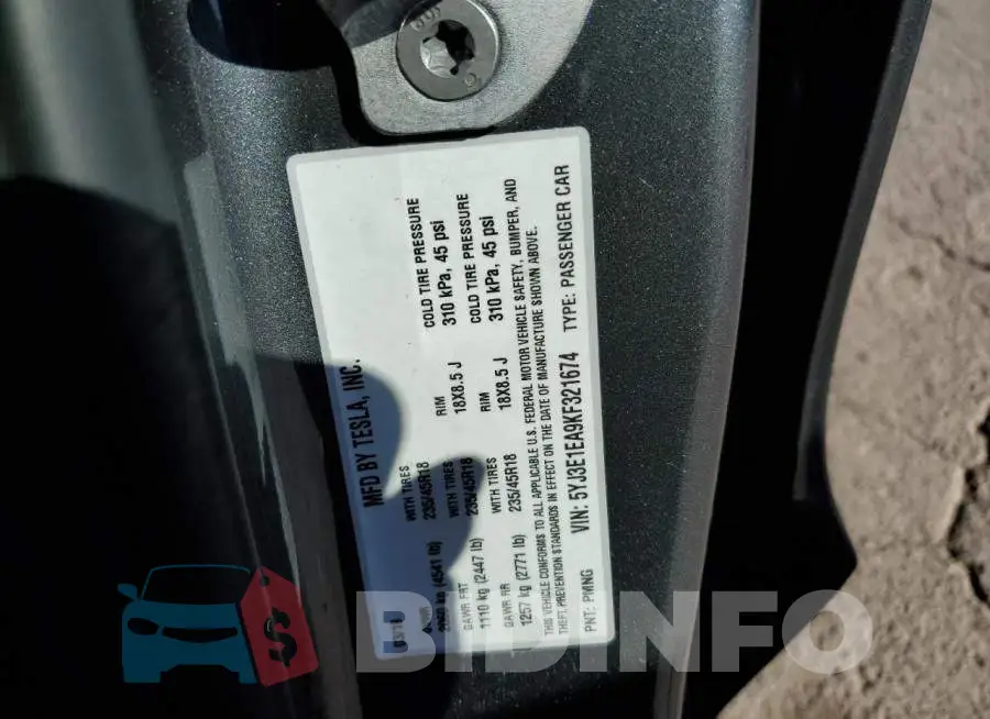 5YJ3E1EA9KF321674 Photo# 12