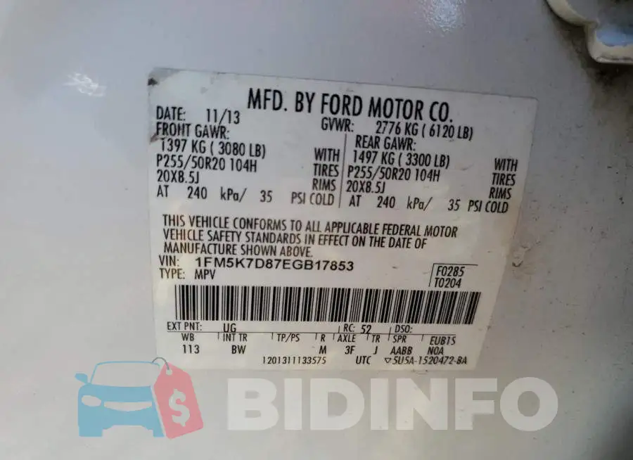 1FM5K7D87EGB17853 Photo# 10