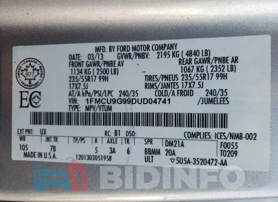 1FMCU9G99DUD04741 Photo# 10