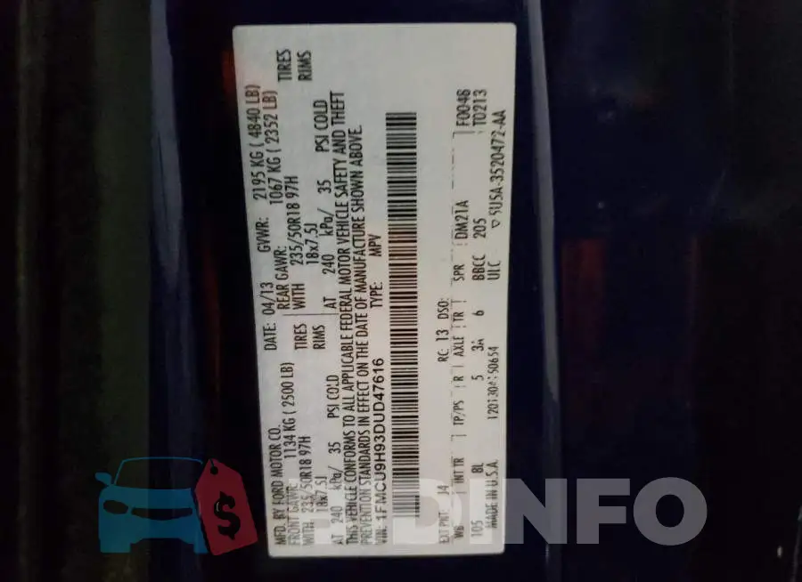 1FMCU9H93DUD47616 Photo# 13