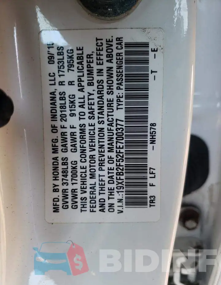 19XFB2F52FE700377 Photo# 10