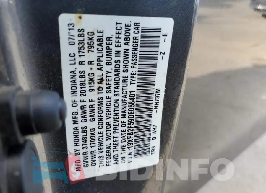 19XFB2F59DE058401 Photo# 12