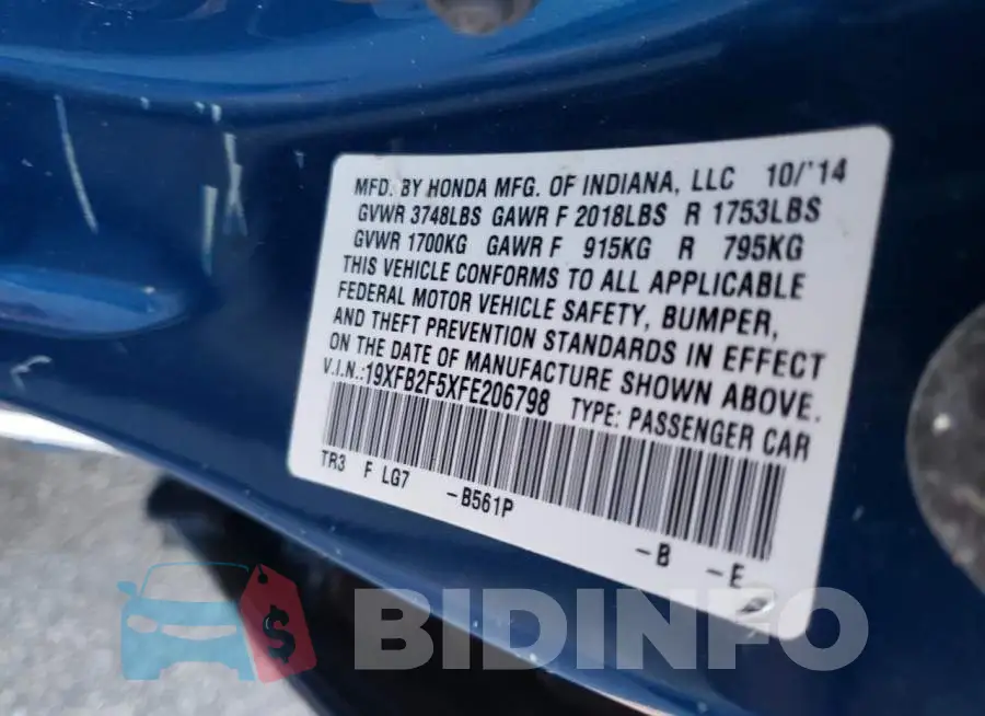 19XFB2F5XFE206798 Photo# 12