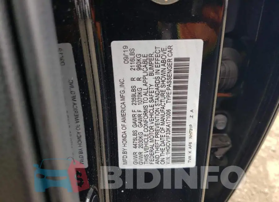 1HGCV1F33KA171006 Photo# 10